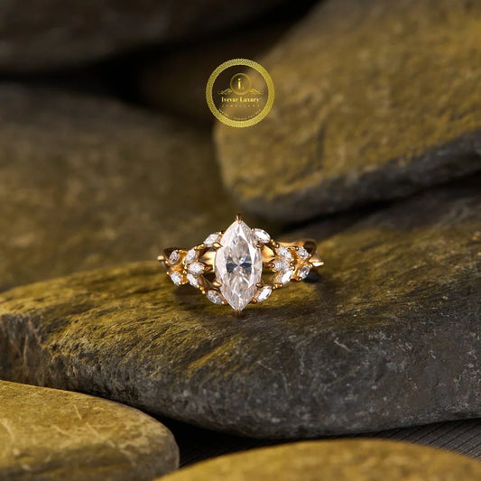 Luxury 3.00 CT Marquise Cut Moissanite Diamond Ring with Elegant Floral Gold Detailing By Ivevar