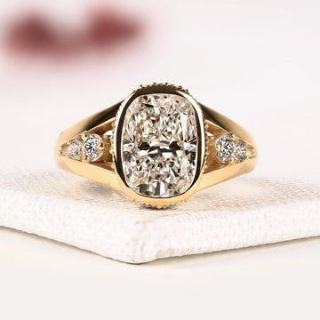 Cushion Cut Bezel Moissanite Diamond Split Shank Ring