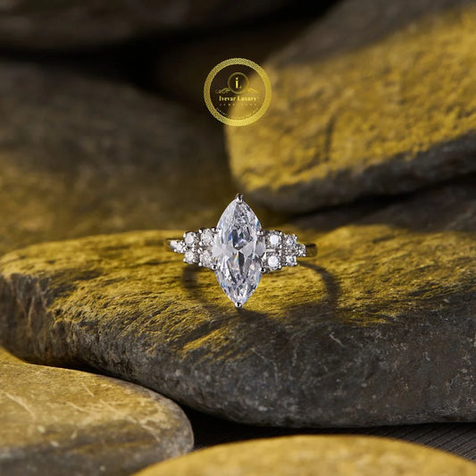 Moissanite Marquise Diamond Cluster Ring With Round Side Stones
