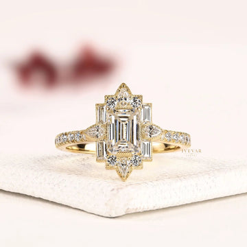 Emerald Cut Halo Baguette Moissanite Diamond Engagement Ring