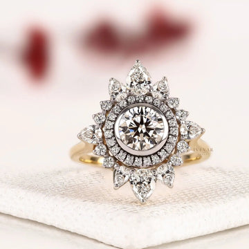 Sunburst Floral Halo Round Cut Moissanite Diamond Engagement Ring