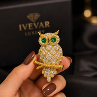 "Owl" Brooch with Green Eyes & Crystal Accents Bird Pin