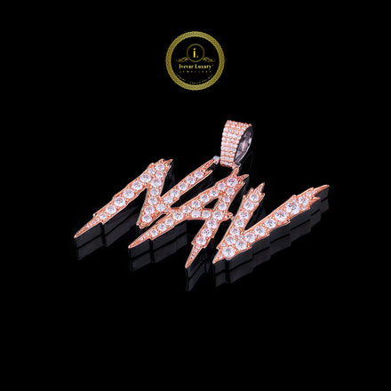 Iced-Out Custom Round Moissanite NAV Lightning Font Name Hip Hop Pendant