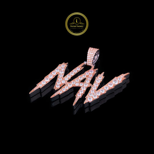 Iced-Out Custom Round Moissanite Diamond NAV Lightning Font Name Hip Hop Pendant