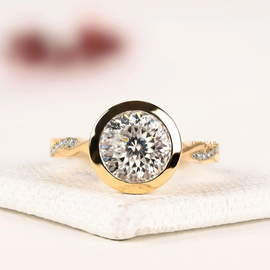 Bezel Set Round Cut Lab Grown Diamond Twisted Pave Band Ring
