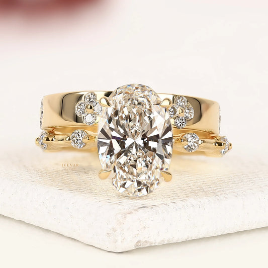 Oval Cut Lab Grown Diamond Bridal Ring Set with Floral Diamond Accents