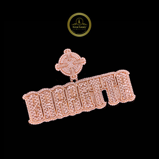Custom Iced-Out Barrgtta Nameplate Pendant Featuring Baguette and Round Simulated Lab Diamonds