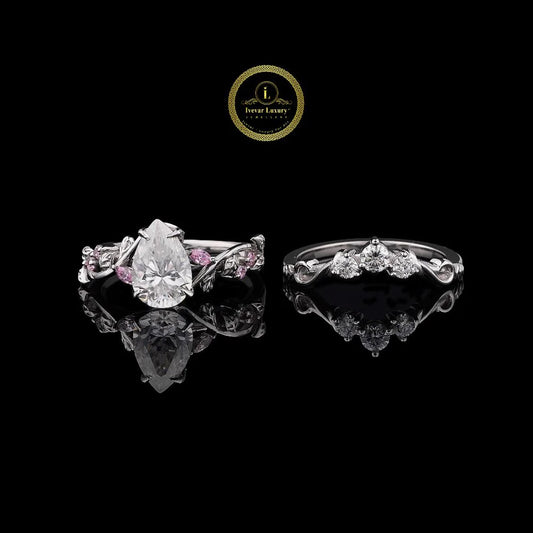 2.5 Pear Cut Floral Vine Lab Grown Diamond Engagement Ring Set in White Gold By Ivevar