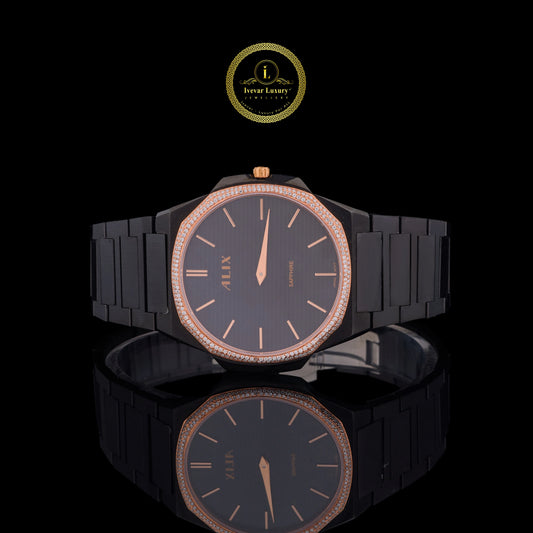 Black & Rose Gold Diamond Bezel Men's Watch