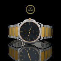 Men's Two-Tone Watch with Black Dial and Pave Diamond Bezel