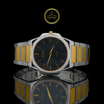 Men's Two-Tone Watch with Black Dial and Pave Diamond Bezel