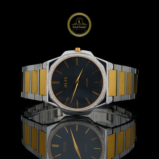 Men's Two-Tone Watch with Black Dial and Pave Diamond Bezel