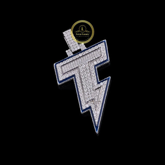 Luxury Custom Lab Grown Diamond Lightning Bolt Pendant VVS Clarity White Gold & Blue Enamel By Ivevar