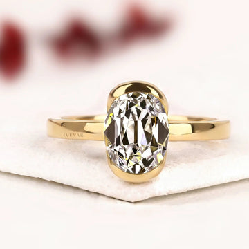 Half Bezel Rose Oval Moissanite Diamond Solitaire Engagement Ring