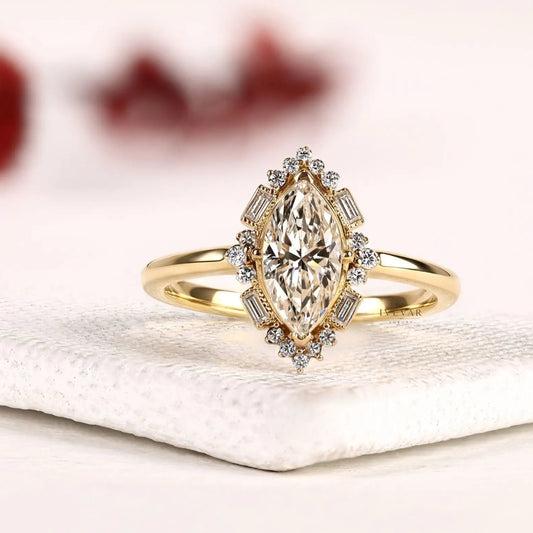 Marquise Cut Halo Moissanite Diamond Engagement Ring