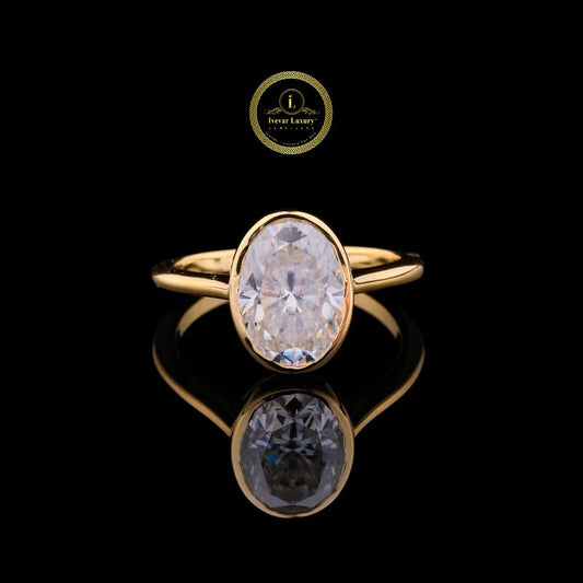 Dainty 2.00 CT Oval Moissanite Diamond Gold Bezel Set Ring By Ivevar