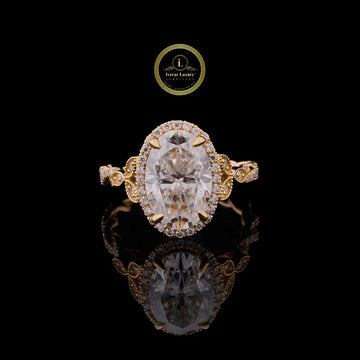 3 CT Oval Cut Halo Moissanite Engagement Ring in Yellow Gold By Ivevar