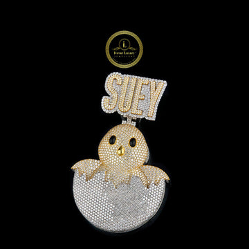 Custom Iced Out "SUEY" Hatching Chick Pendant with Yellow and White Diamond Stones By Ivevar