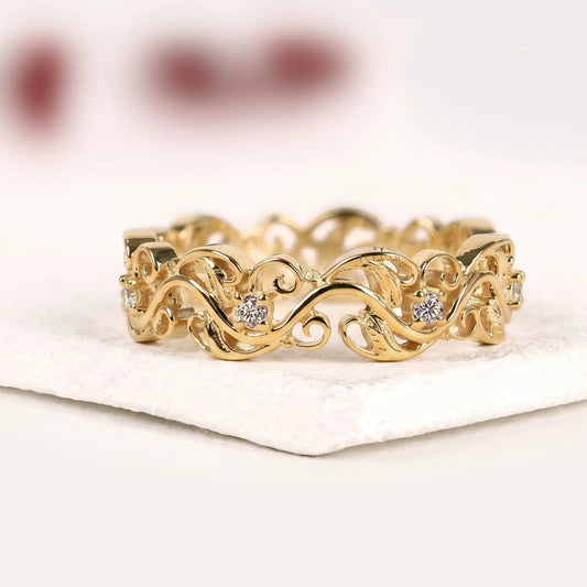 Nature Inspired Round Moissanite Diamond Filigree Eternity Band