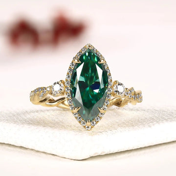 Marquise Green Sapphire Halo Moissanite Diamond Engagement Ring