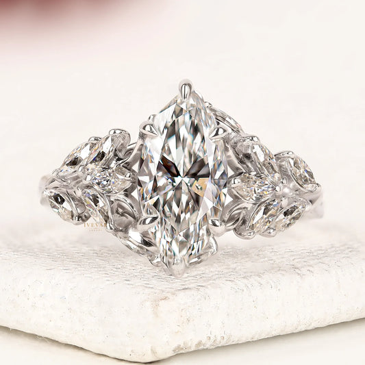 Marquise Cut Moissanite Diamond Leaf Cluster Engagement Ring