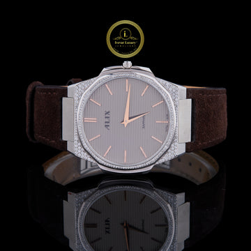 Luxury Silver Crystal Bezel Diamond Brown Strap Watch