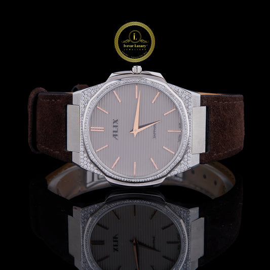 Luxury Silver Crystal Bezel Diamond Brown Strap Watch