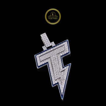 Custom Iced-Out Lightning Bolt Pendant With Blue Enamel Border Moissanite Diamond