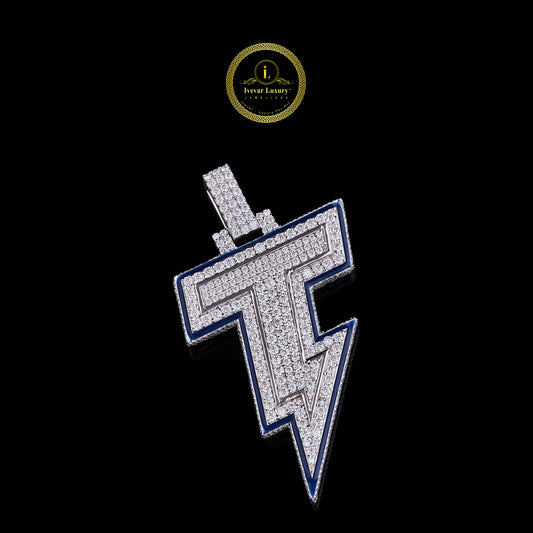 Custom Iced-Out Lightning Bolt Pendant With Blue Enamel Border Moissanite Diamond