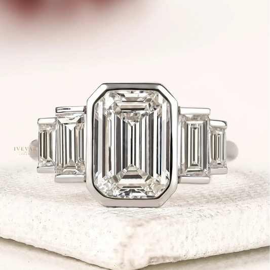 4.00 CT Emerald Cut Three Stone Lab Grown Diamond Engagement Ring in White Gold Vintage Inspired Luxury Bridal Ring