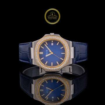 Blue Dial Diamond Bezel Watch with Leather Strap