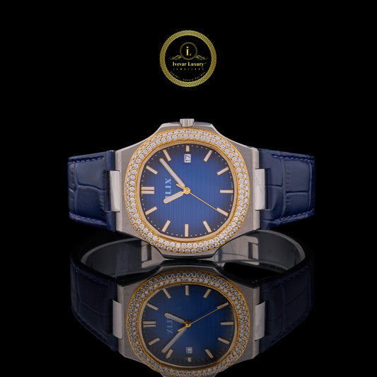Blue Dial Diamond Bezel Watch with Leather Strap