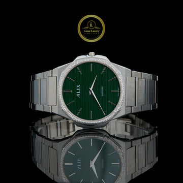 Men's Silver Stainless Steel Watch with Green Dial and Diamond Bezel