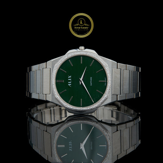 Men's Silver Stainless Steel Watch with Green Dial and Diamond Bezel