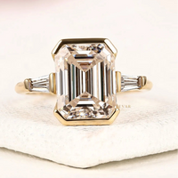 Emerald Cut Moissanite Half Bezel Set Three Stone Engagement Ring