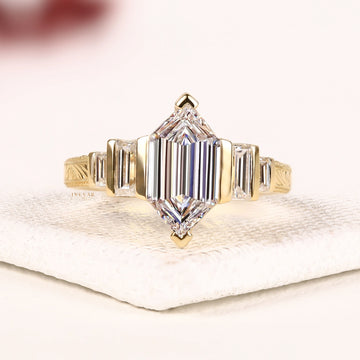 Hexagon Emerald Cut Five Stone Moissanite Diamond Ring