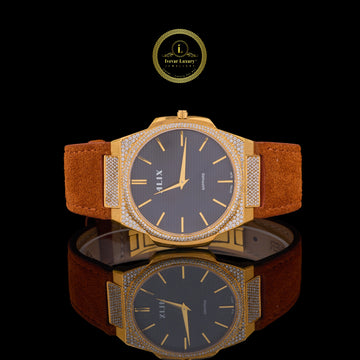Gold Diamond Bezel Brown Suede Strap Men's Watch