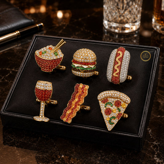 Food Inspired Cufflink Collection – Pizza, Burger, Hot Dog, Bacon, Wine & Noodle Bowl