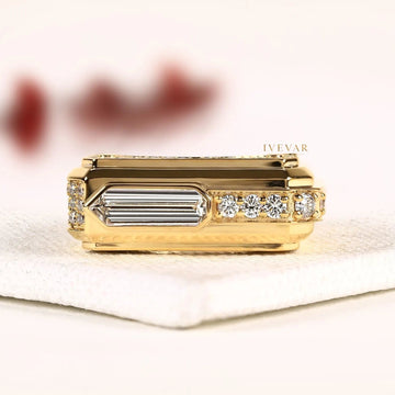 East-West Baguette Cut Lab Grown Diamond Gold Signet Ring