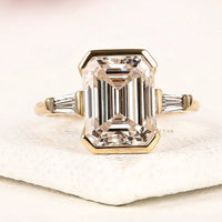 Emerald Cut Lab Grown Half Bezel Set Three Stone Engagement Ring