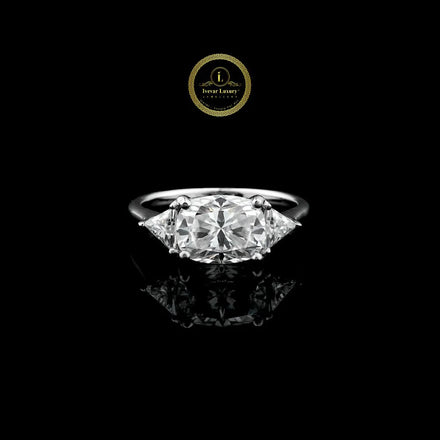 Cushion Cut Three Stone Lab Diamond Ring With Trillion Sides Stone