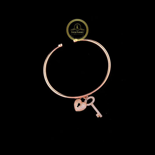 Modern Rose Gold Moissanite Diamond Open Bracelet with Heart Lock & Key – Stylish Everyday By Ivevar