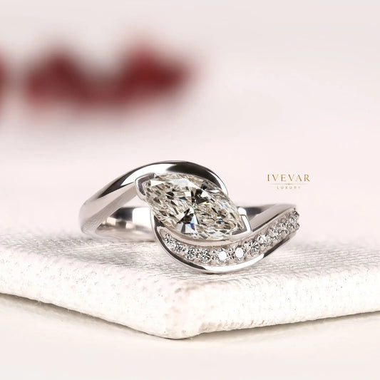 Marquise Cut Lab Grown Diamond Pave Bypass Band Engagement Ring