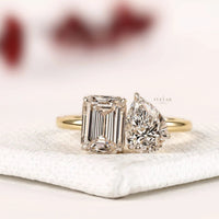 Emerald Cut and Pear Cut Moissanite Diamond Toi et Moi Ring