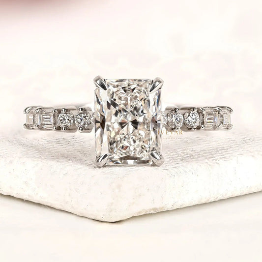 Radiant Cut Hidden Halo with Pave Band Moissanite Engagement Ring