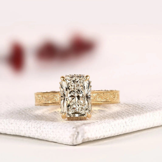 Art Deco Milgrain Radiant Cut Hidden Halo Lab Grown Ring