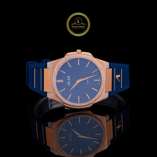 Rose Gold Blue Face Diamond Bezel Blue Strap Luxury Watch