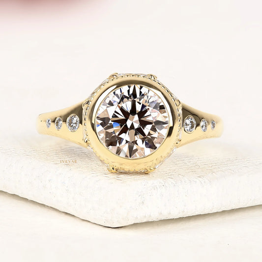 3.00 CT Ivevar Regal Halo Round Brilliant Moissanite Diamond Ring in Yellow Gold