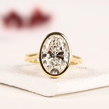 Bezel Set Hidden Halo Oval Moissanite Diamond Engagement Ring