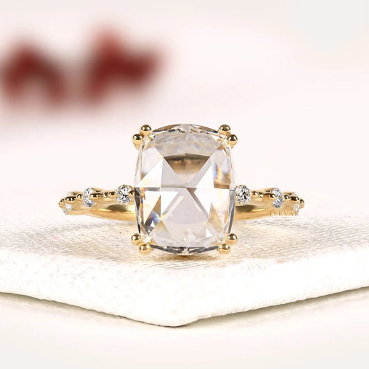 Cushion Rose Cut Round Accent Moissanite Diamond Engagement Ring